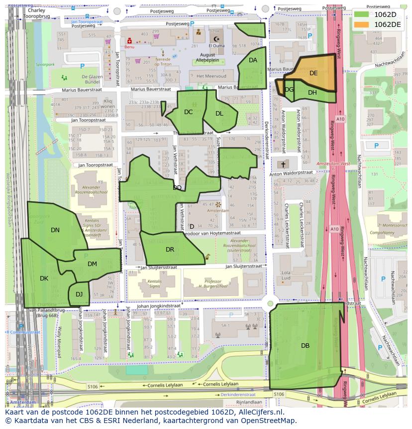 Afbeelding van het postcodegebied 1062 DE op de kaart.