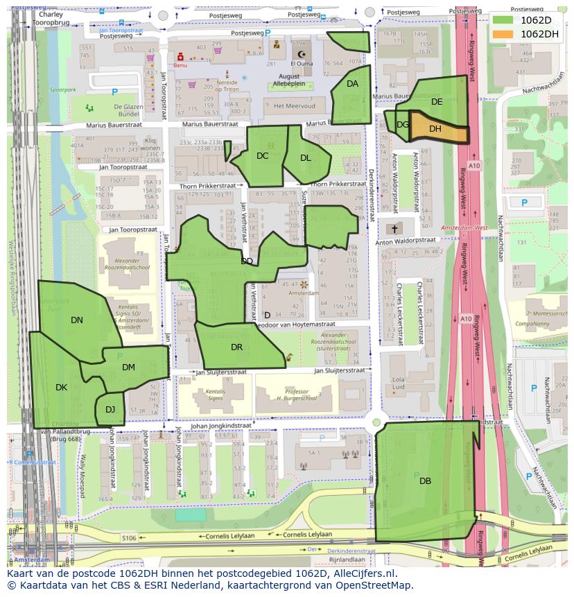 Afbeelding van het postcodegebied 1062 DH op de kaart.