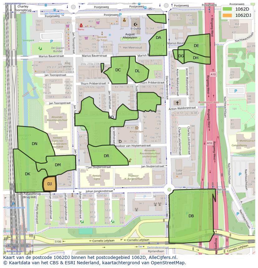 Afbeelding van het postcodegebied 1062 DJ op de kaart.
