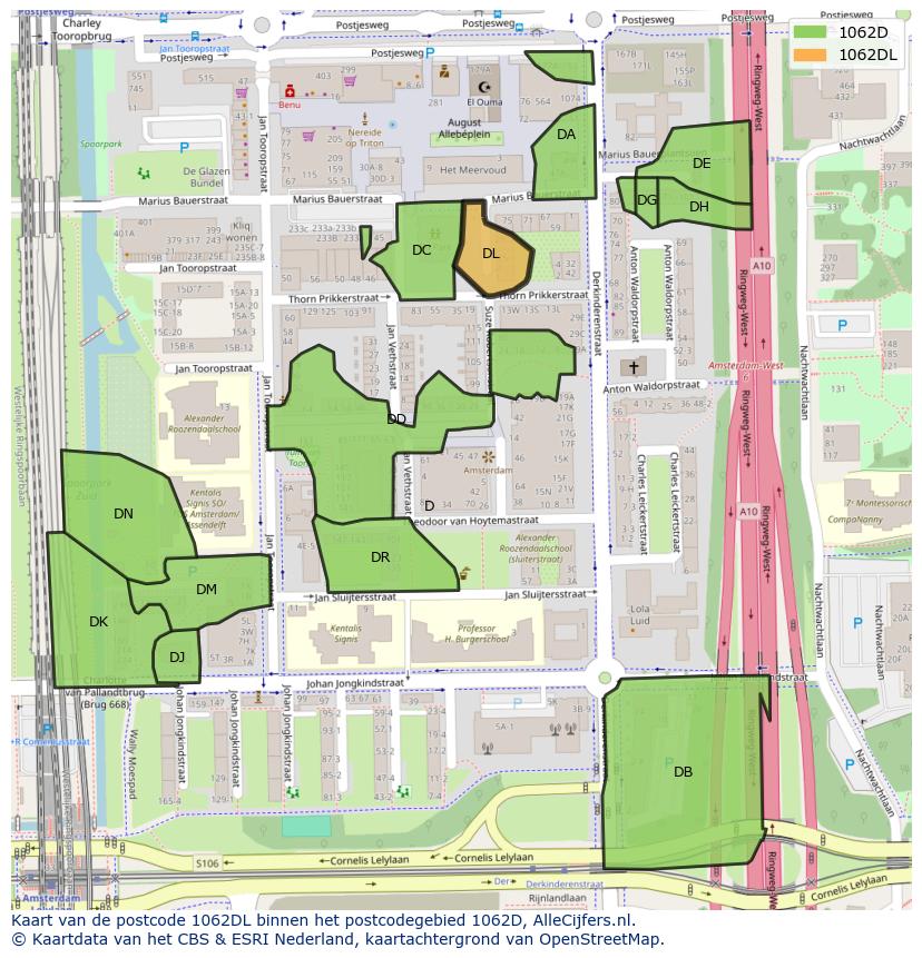 Afbeelding van het postcodegebied 1062 DL op de kaart.