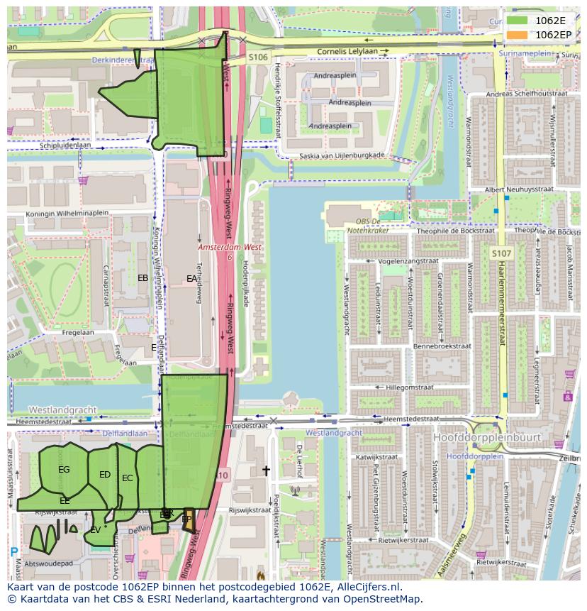 Afbeelding van het postcodegebied 1062 EP op de kaart.