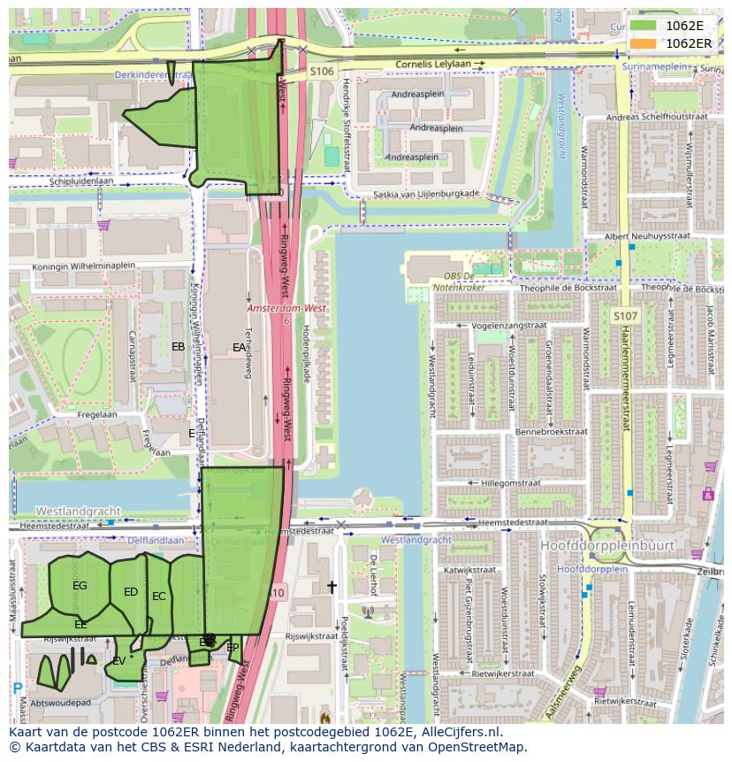 Afbeelding van het postcodegebied 1062 ER op de kaart.