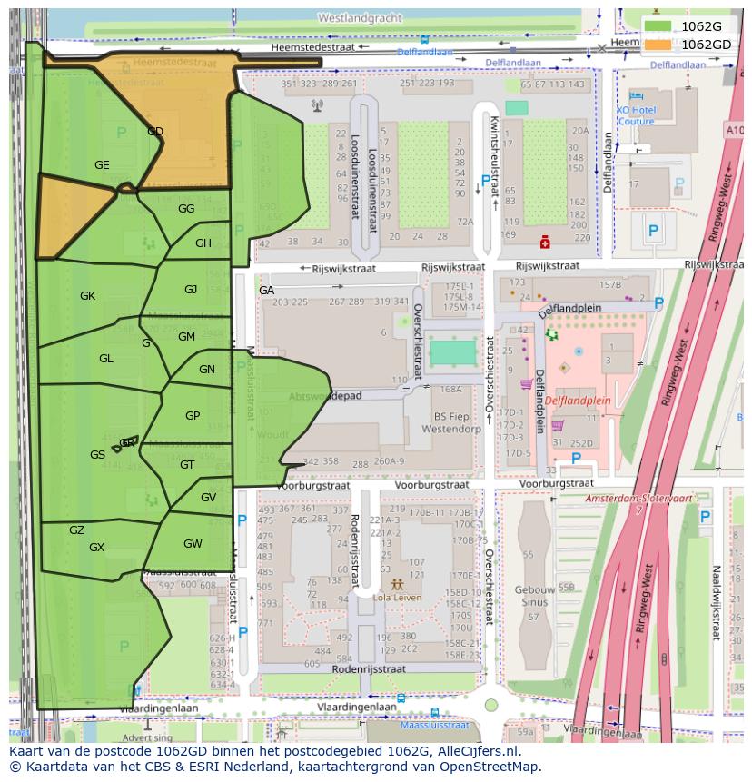Afbeelding van het postcodegebied 1062 GD op de kaart.