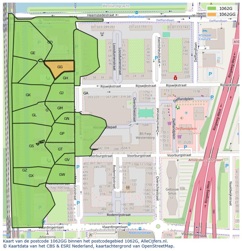 Afbeelding van het postcodegebied 1062 GG op de kaart.