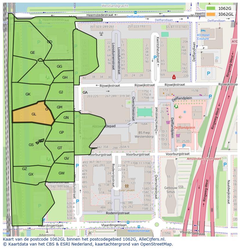 Afbeelding van het postcodegebied 1062 GL op de kaart.