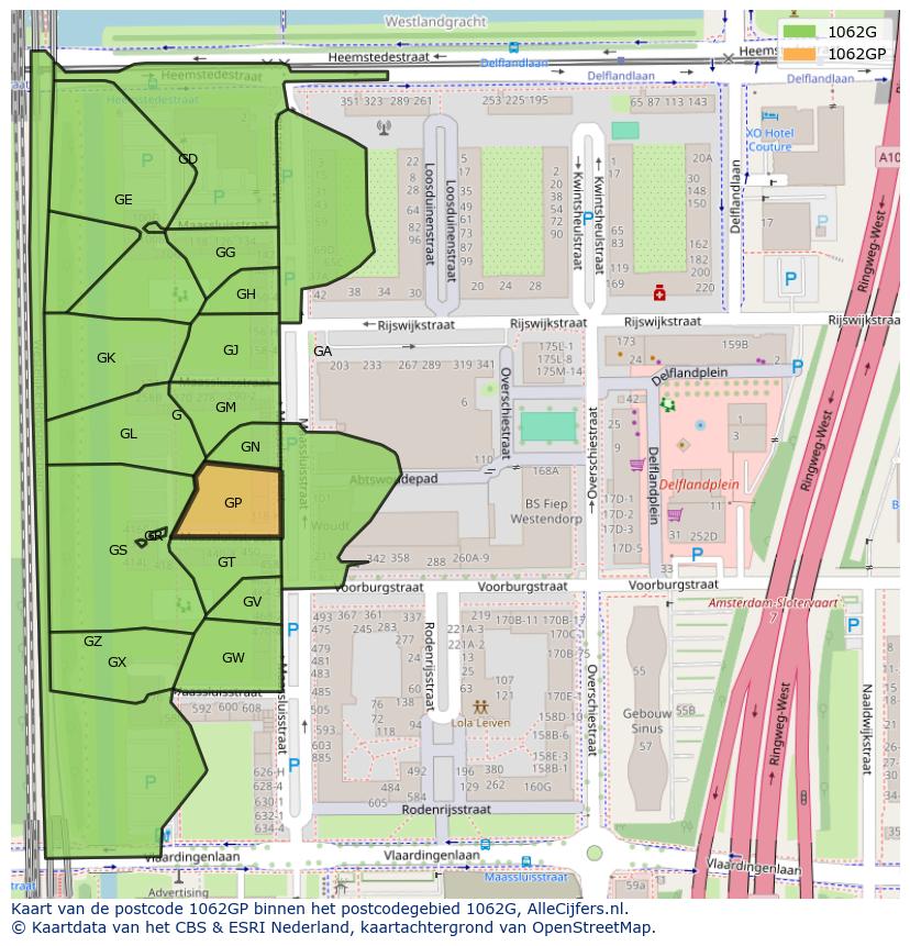 Afbeelding van het postcodegebied 1062 GP op de kaart.