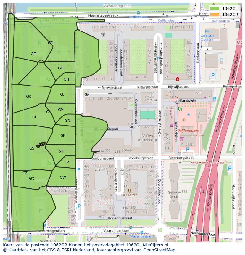 Afbeelding van het postcodegebied 1062 GR op de kaart.