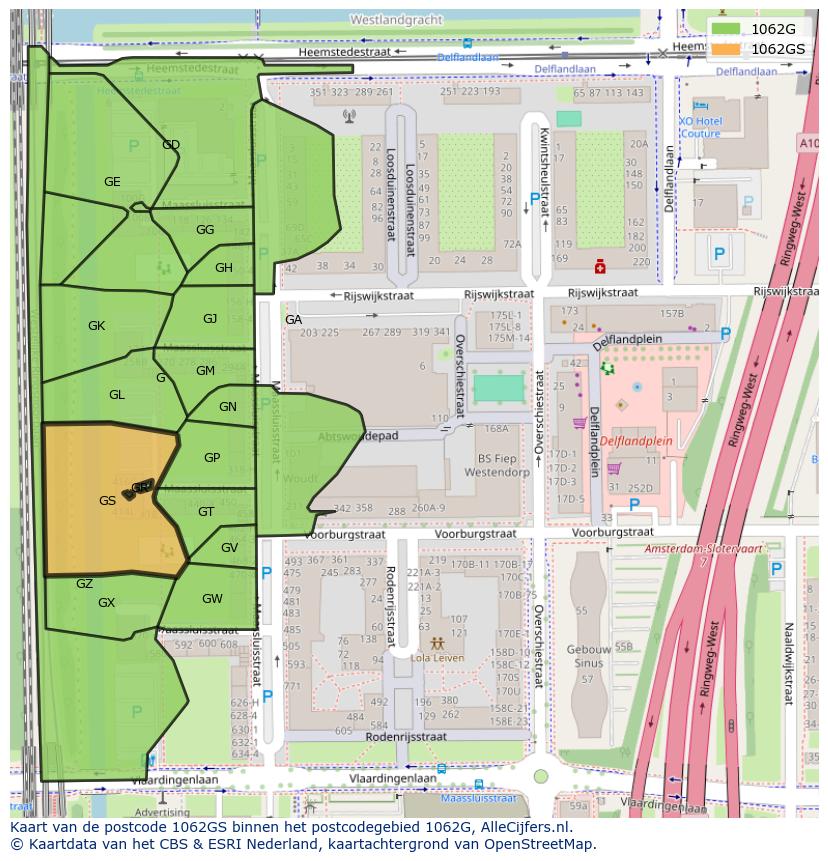 Afbeelding van het postcodegebied 1062 GS op de kaart.