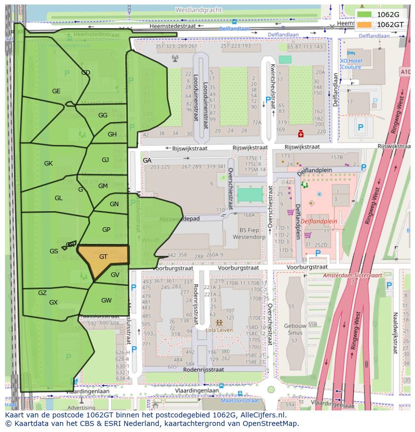 Afbeelding van het postcodegebied 1062 GT op de kaart.