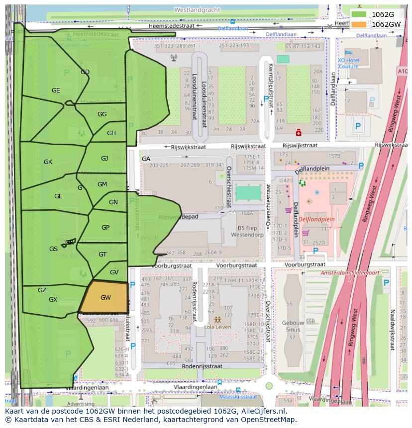 Afbeelding van het postcodegebied 1062 GW op de kaart.