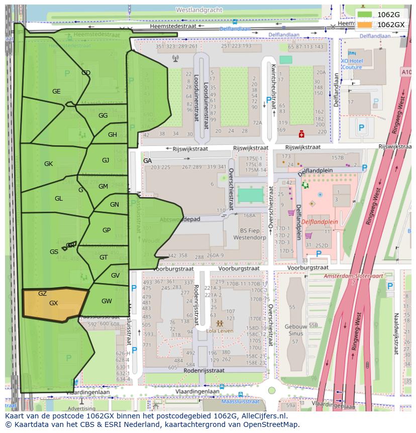 Afbeelding van het postcodegebied 1062 GX op de kaart.