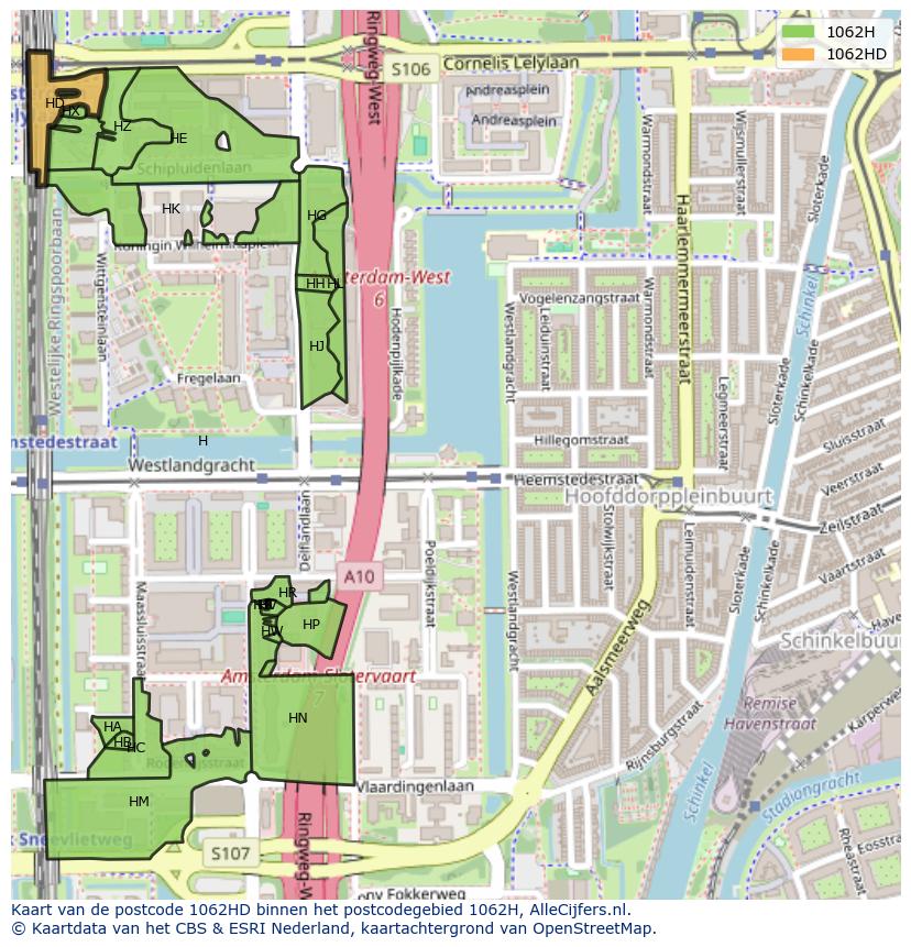 Afbeelding van het postcodegebied 1062 HD op de kaart.