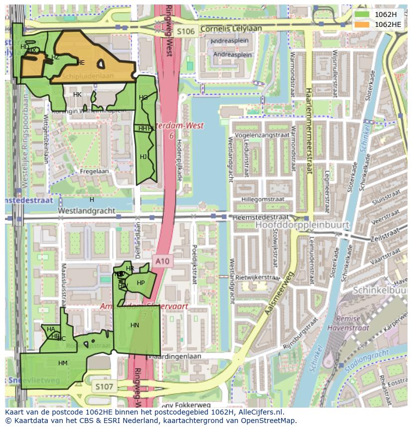 Afbeelding van het postcodegebied 1062 HE op de kaart.