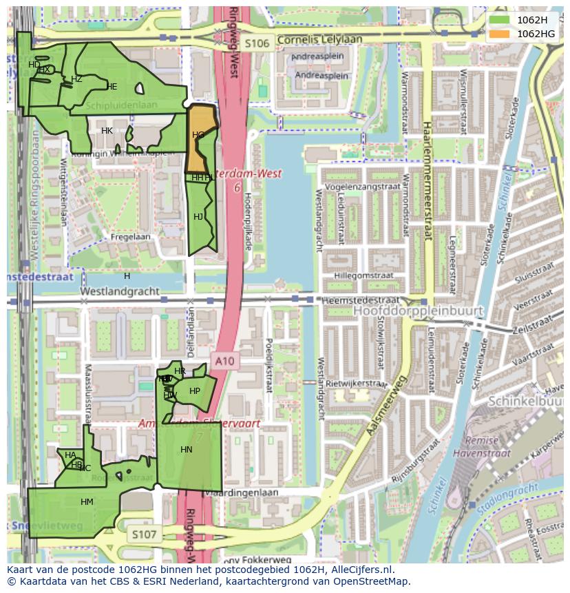 Afbeelding van het postcodegebied 1062 HG op de kaart.