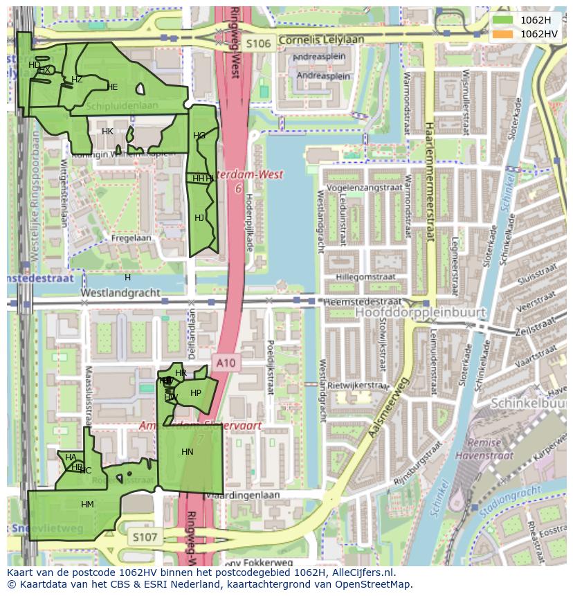 Afbeelding van het postcodegebied 1062 HV op de kaart.