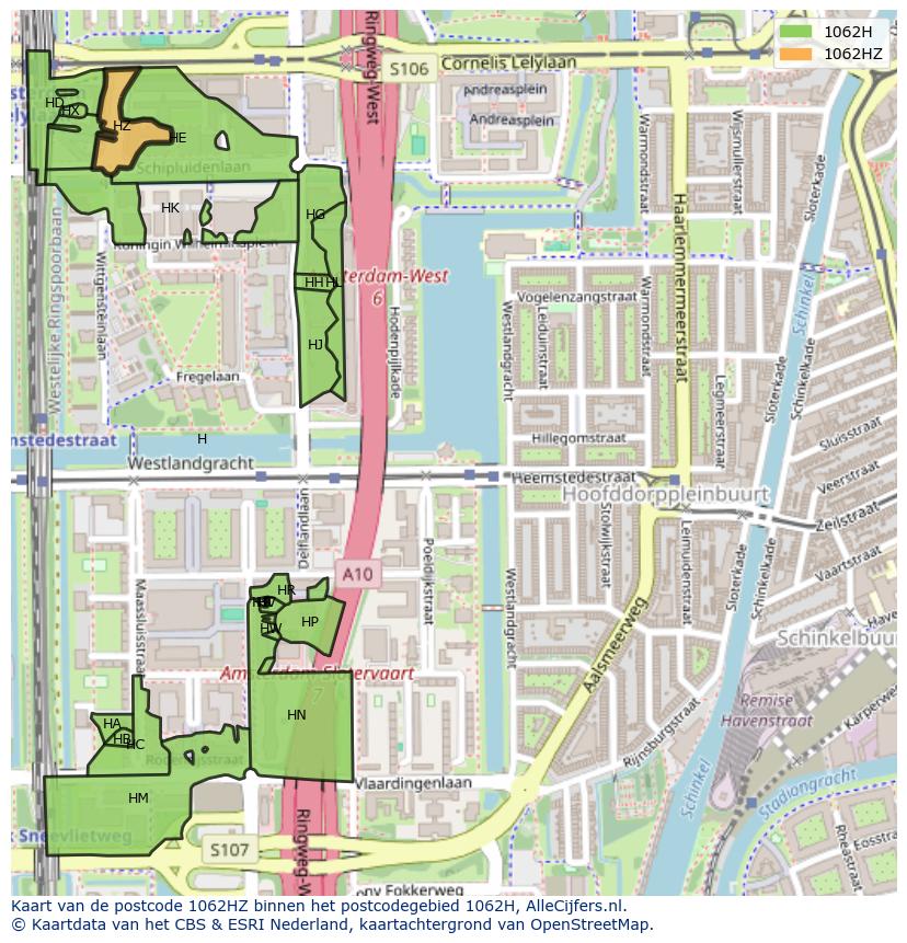 Afbeelding van het postcodegebied 1062 HZ op de kaart.