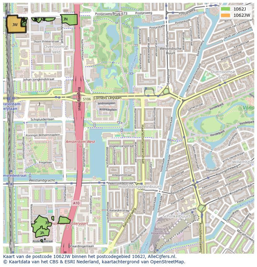 Afbeelding van het postcodegebied 1062 JW op de kaart.