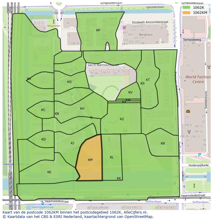 Afbeelding van het postcodegebied 1062 KM op de kaart.