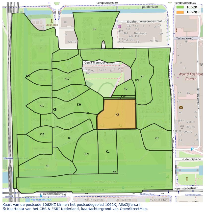 Afbeelding van het postcodegebied 1062 KZ op de kaart.