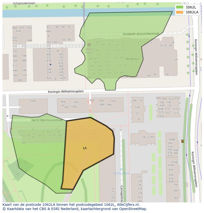 Afbeelding van het postcodegebied 1062 LA op de kaart.