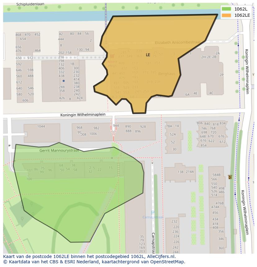 Afbeelding van het postcodegebied 1062 LE op de kaart.
