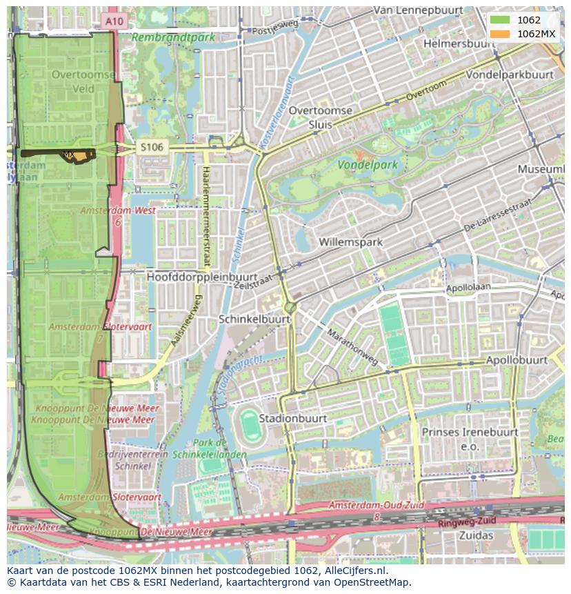 Afbeelding van het postcodegebied 1062 MX op de kaart.