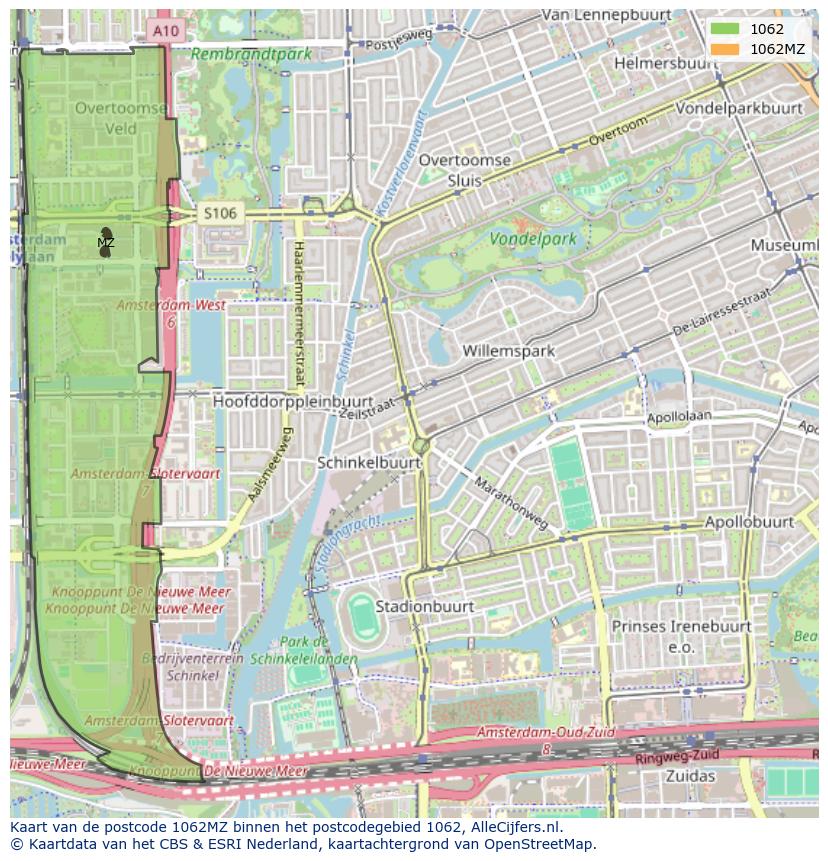 Afbeelding van het postcodegebied 1062 MZ op de kaart.
