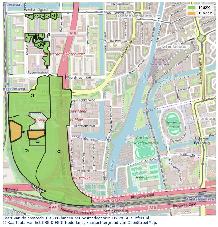 Afbeelding van het postcodegebied 1062 XB op de kaart.