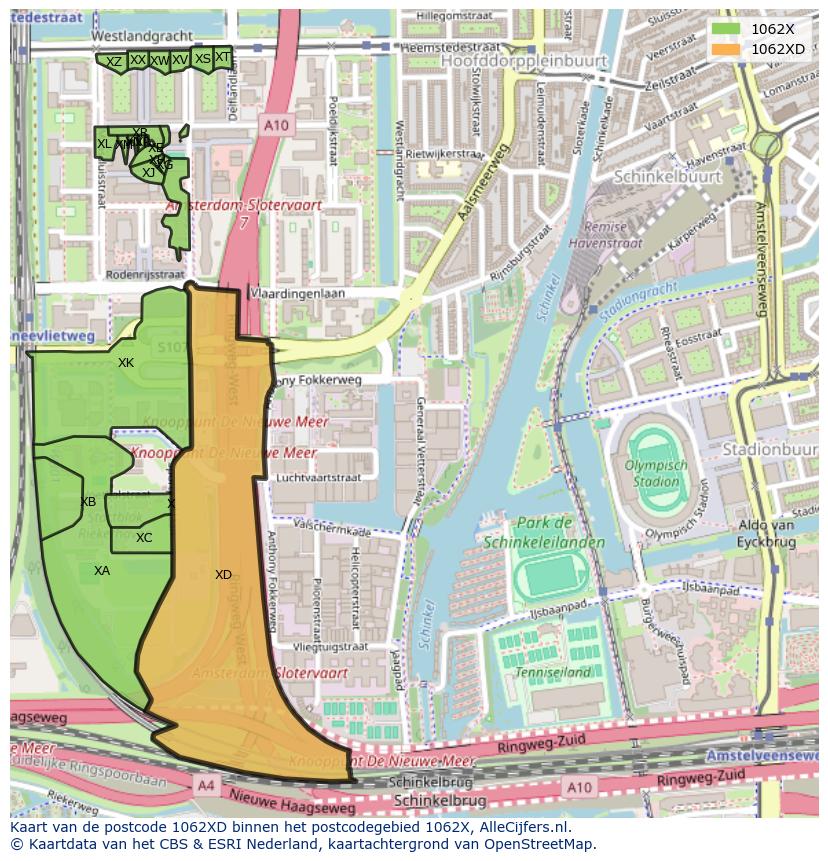 Afbeelding van het postcodegebied 1062 XD op de kaart.