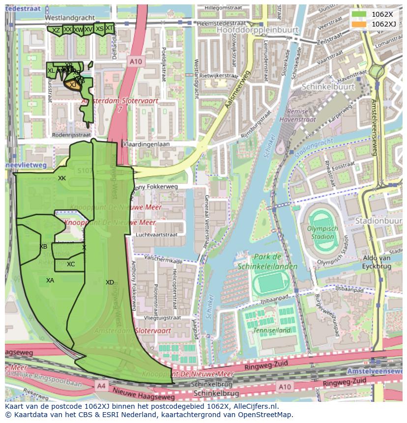 Afbeelding van het postcodegebied 1062 XJ op de kaart.