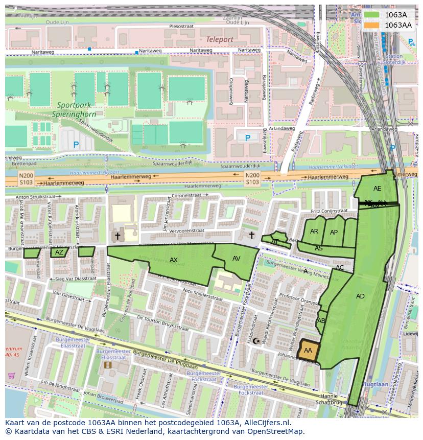 Afbeelding van het postcodegebied 1063 AA op de kaart.