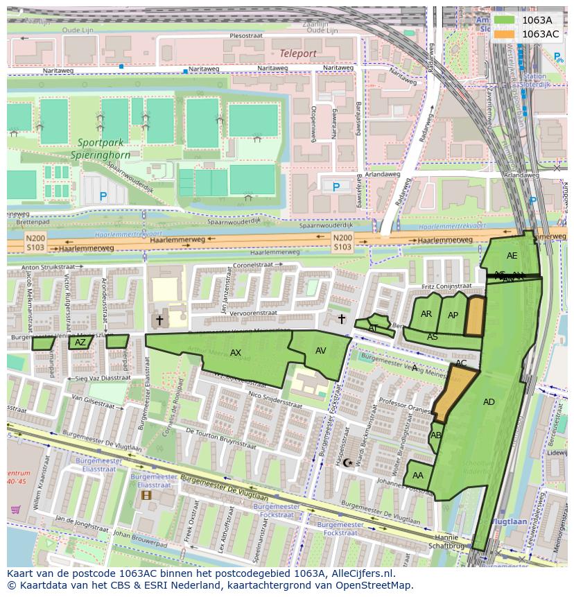 Afbeelding van het postcodegebied 1063 AC op de kaart.