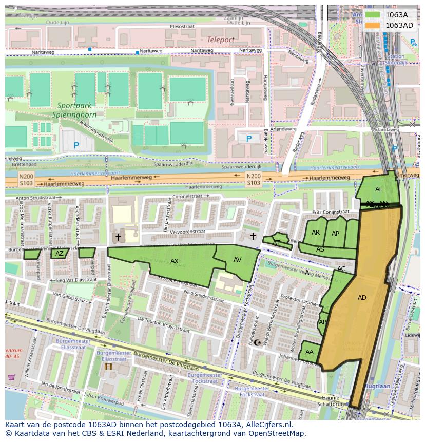 Afbeelding van het postcodegebied 1063 AD op de kaart.