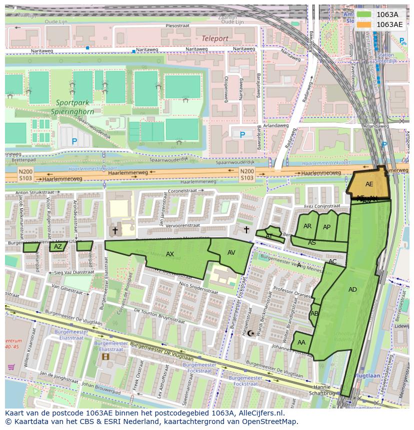 Afbeelding van het postcodegebied 1063 AE op de kaart.
