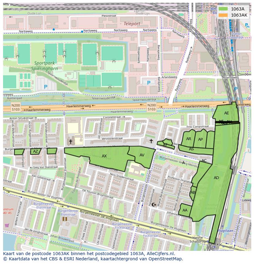 Afbeelding van het postcodegebied 1063 AK op de kaart.