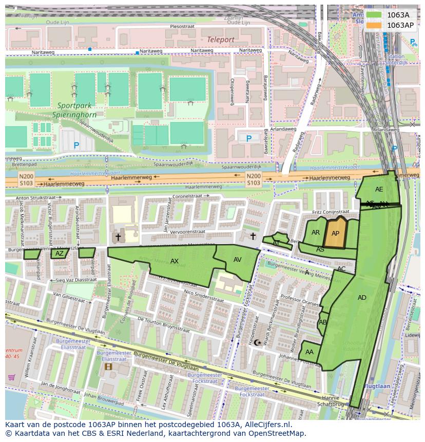 Afbeelding van het postcodegebied 1063 AP op de kaart.