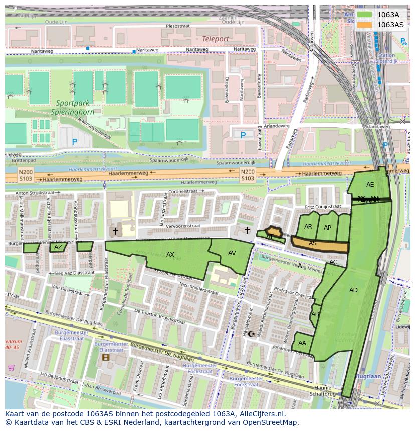 Afbeelding van het postcodegebied 1063 AS op de kaart.