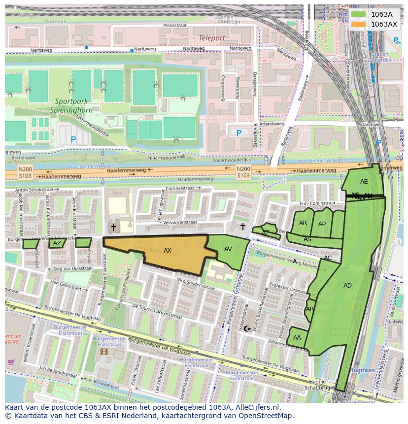 Afbeelding van het postcodegebied 1063 AX op de kaart.