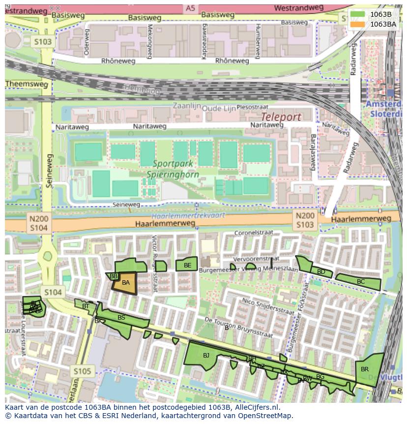 Afbeelding van het postcodegebied 1063 BA op de kaart.