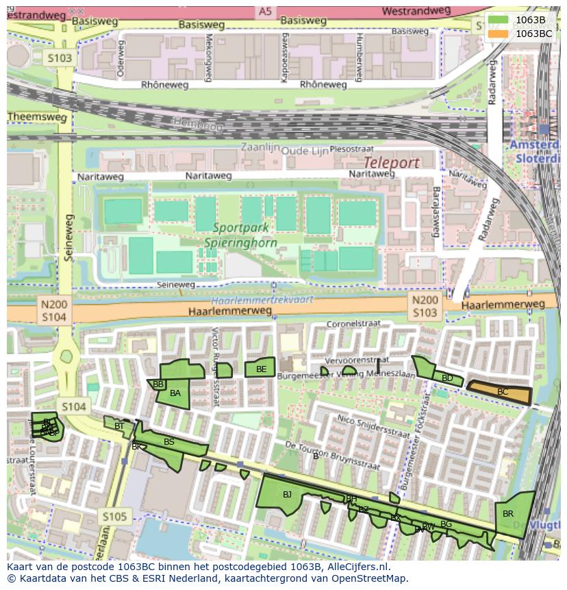 Afbeelding van het postcodegebied 1063 BC op de kaart.