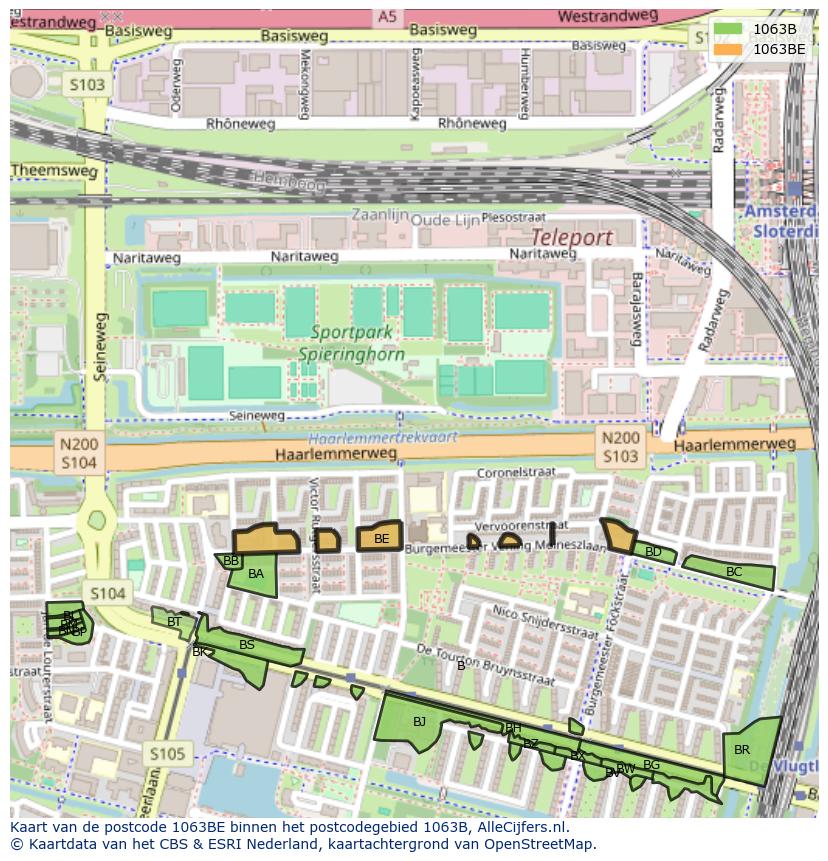 Afbeelding van het postcodegebied 1063 BE op de kaart.