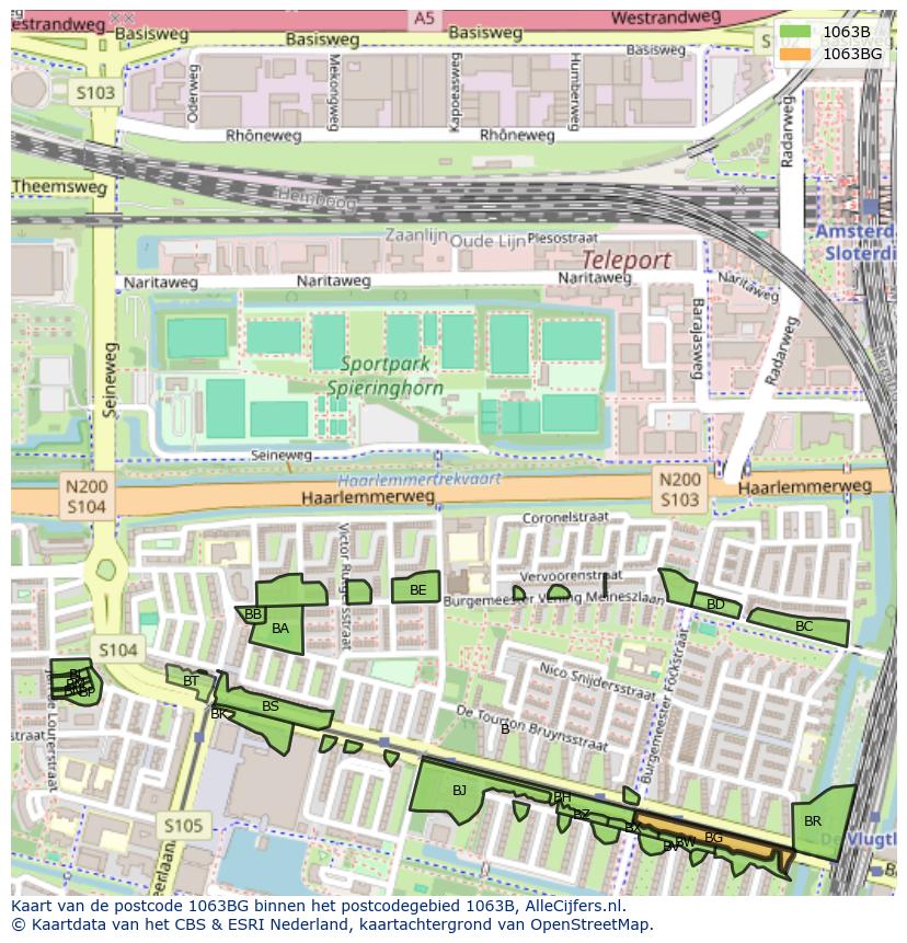 Afbeelding van het postcodegebied 1063 BG op de kaart.