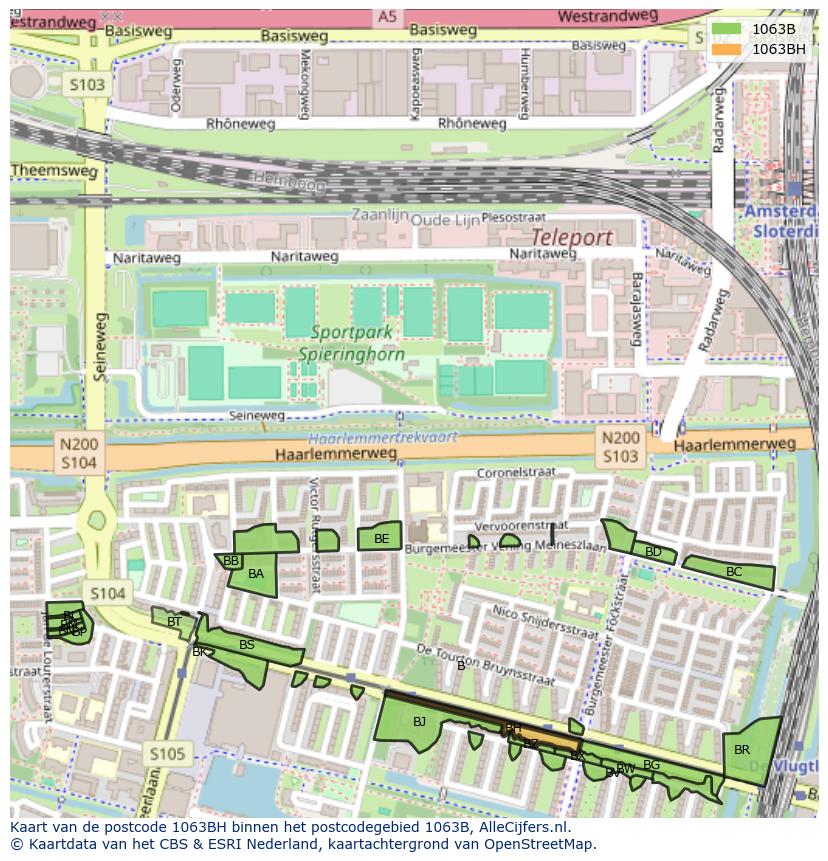 Afbeelding van het postcodegebied 1063 BH op de kaart.