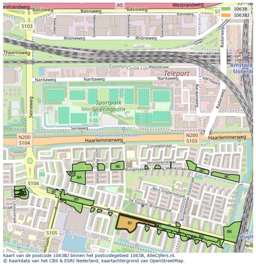 Afbeelding van het postcodegebied 1063 BJ op de kaart.
