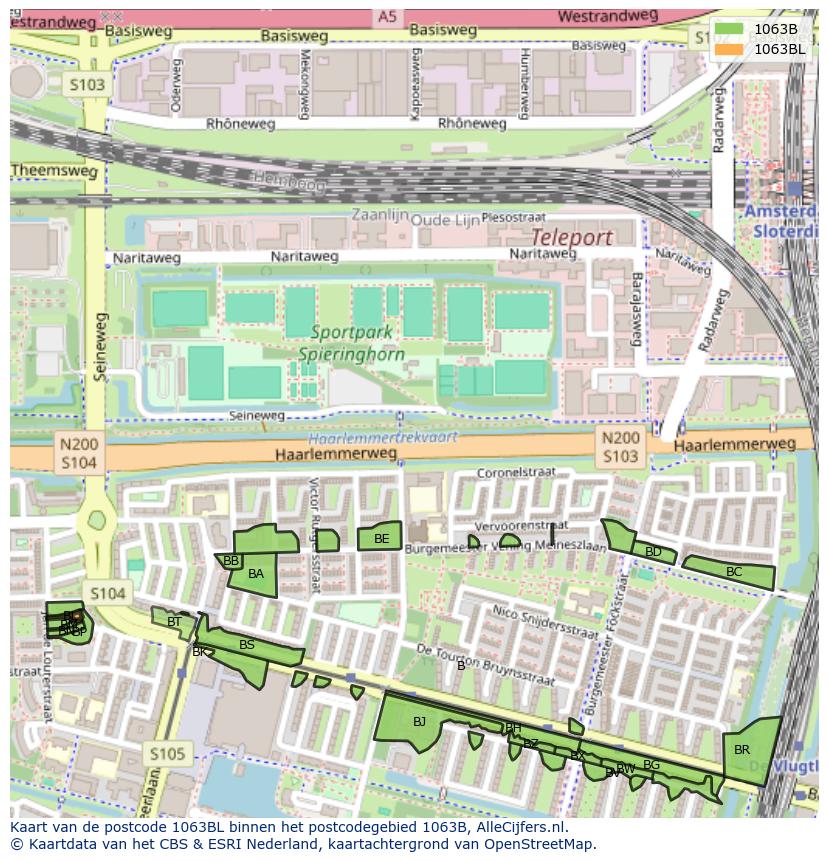 Afbeelding van het postcodegebied 1063 BL op de kaart.