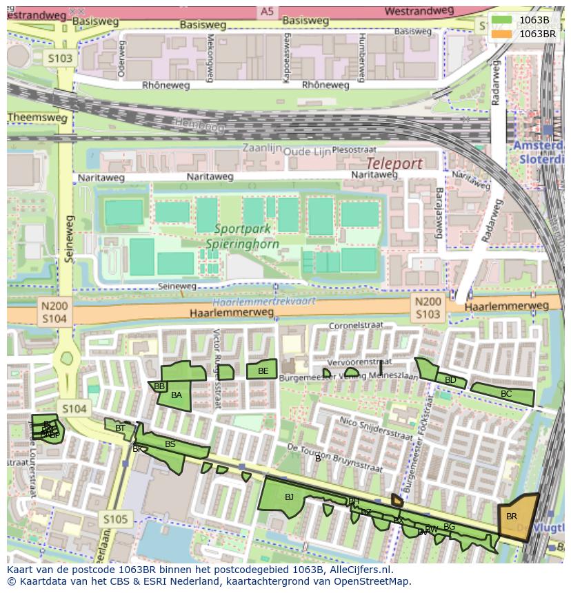 Afbeelding van het postcodegebied 1063 BR op de kaart.