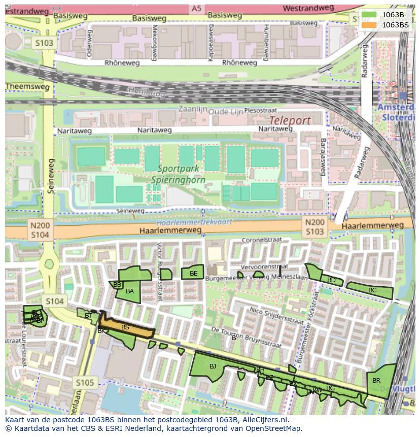 Afbeelding van het postcodegebied 1063 BS op de kaart.