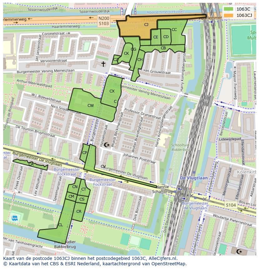 Afbeelding van het postcodegebied 1063 CJ op de kaart.