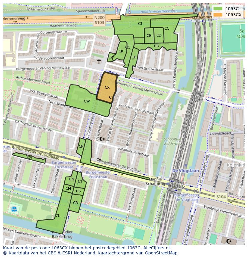 Afbeelding van het postcodegebied 1063 CX op de kaart.