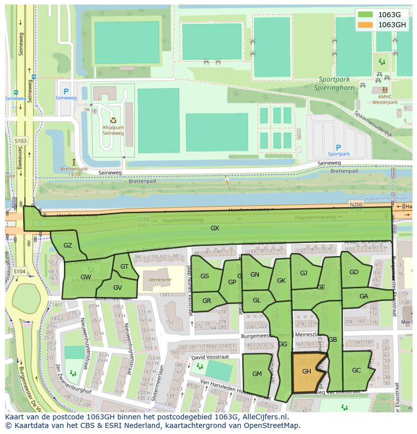 Afbeelding van het postcodegebied 1063 GH op de kaart.
